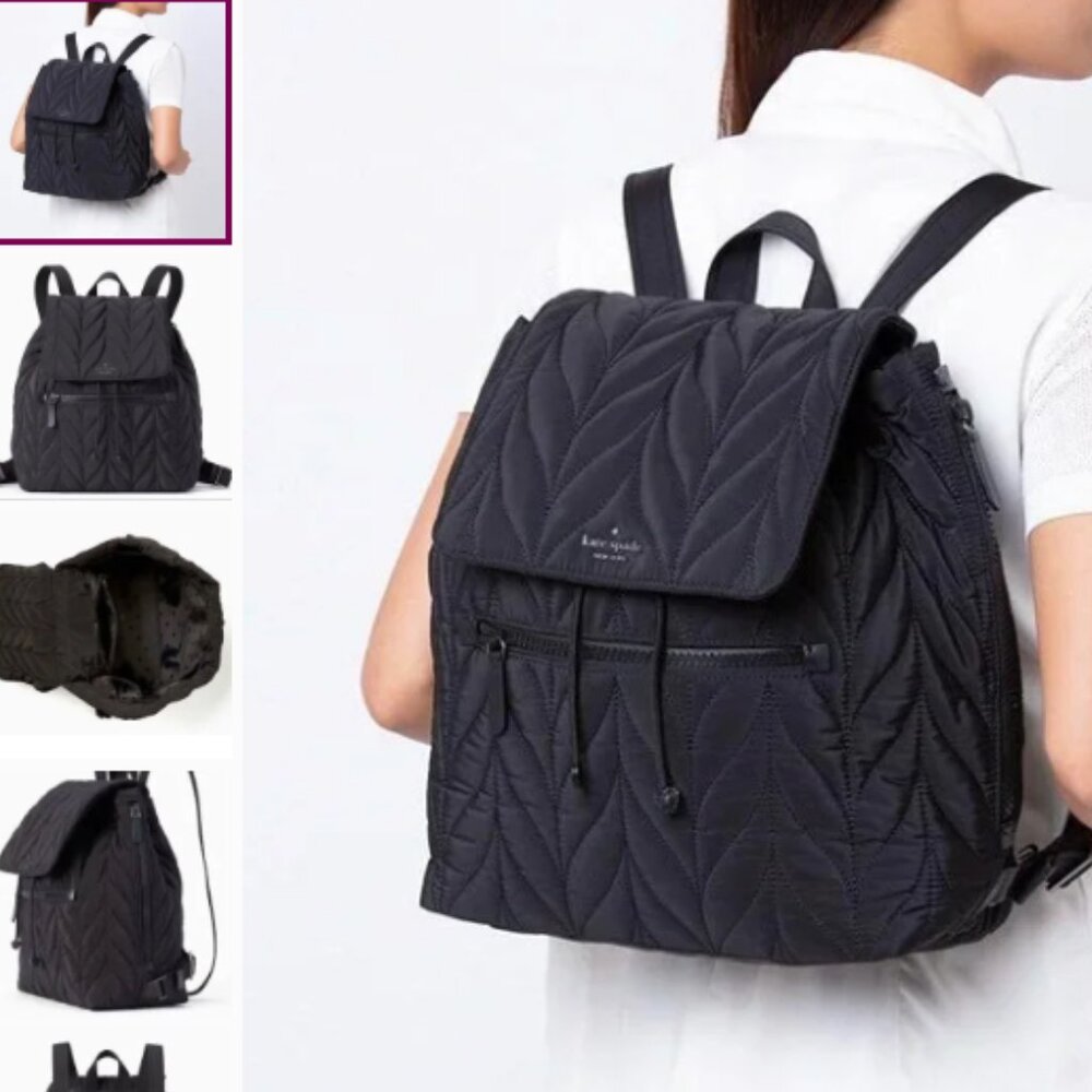 NEW KATE SPADE Large Flap Backpack Ellie Black Quilted School Work Travel Purse
